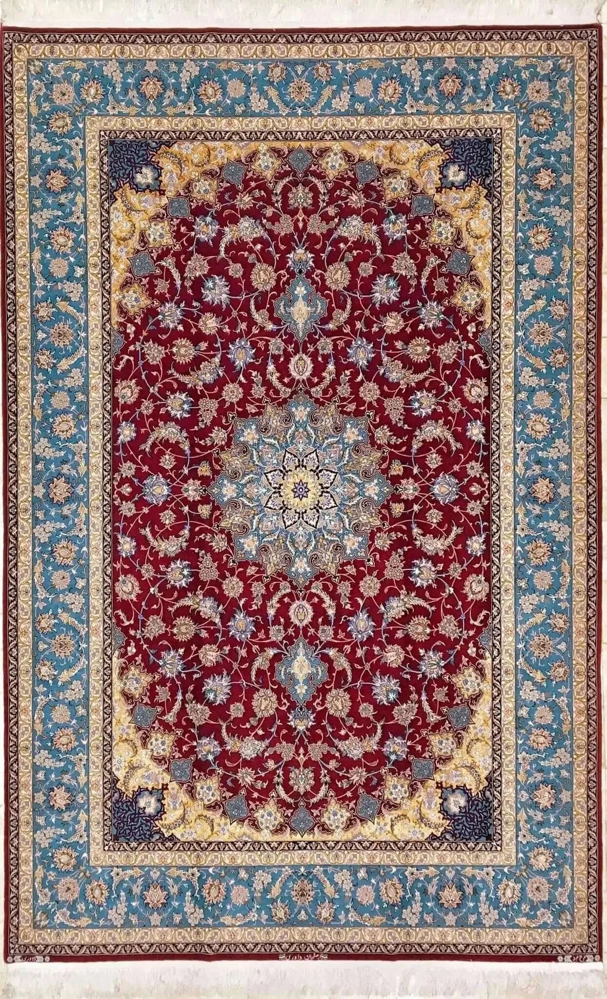 Hand-knotted Persian rug from Isfahan, Iran, featuring intricate silk and wool designs, measuring 300 cm x 200 cm.